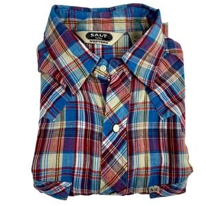 Salt Valley Western Plaid Short Sleeve Pearl Snap Shirt Blue Red Cotton Womens